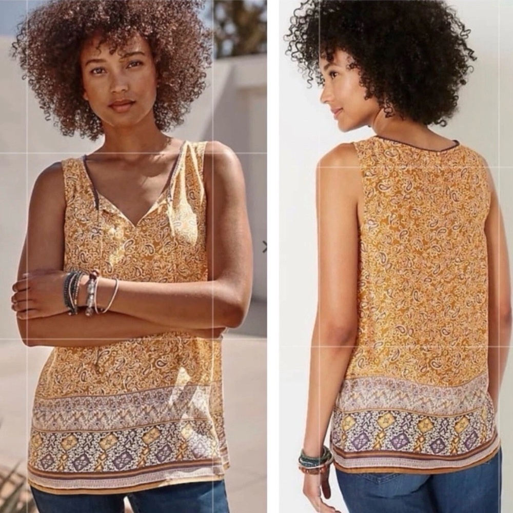 J. Jill Canyon Border Woodcut Yellow And Purple Paisley Tunic Top Print Size XS